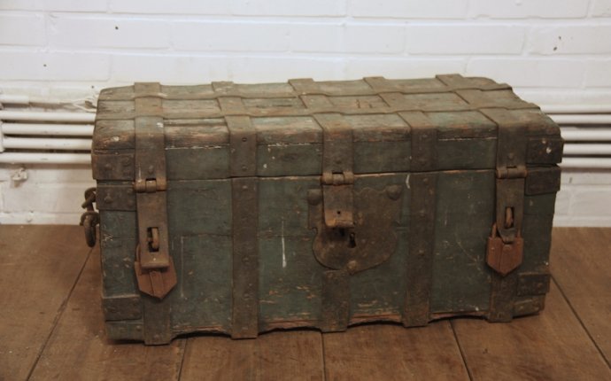 WOODEN CHEST WITH WROUGHT IRON FITTINGS